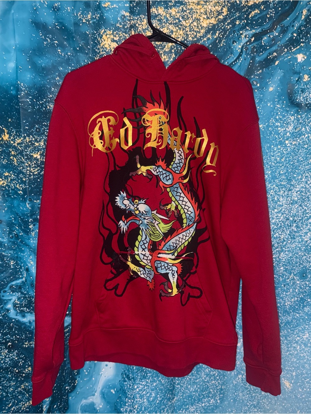 Ed Hardy Red Pullover Hoodie with Dragon Graphic